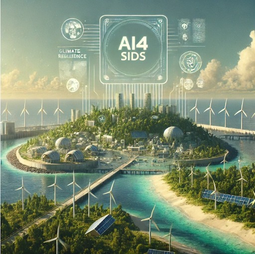 AI4SIDS illustration: a climate-resilient island with wind turbines and solar panels